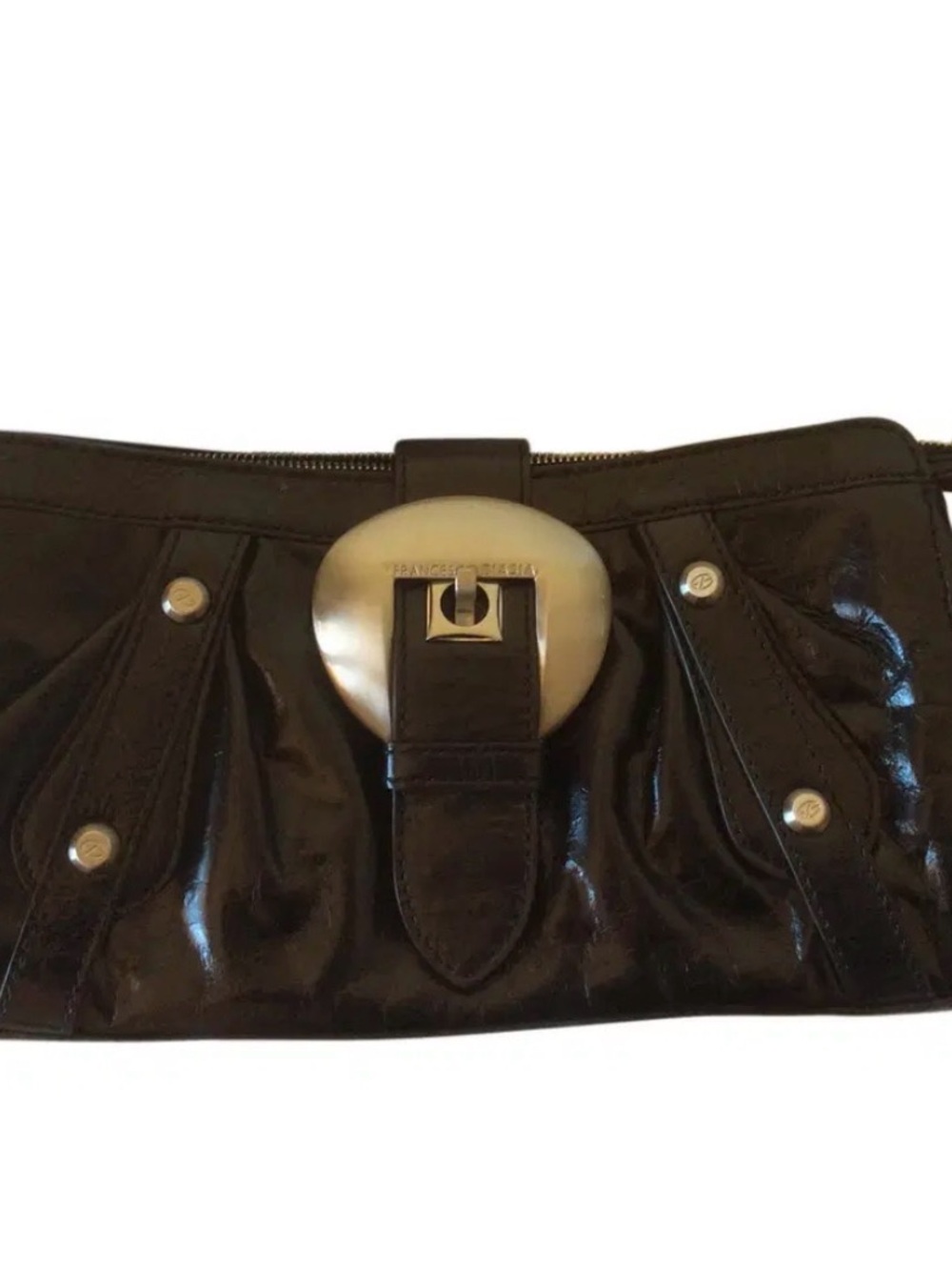 Francesco Biasia Black Patent Leather Clutch with silver -Tone Oval Lock